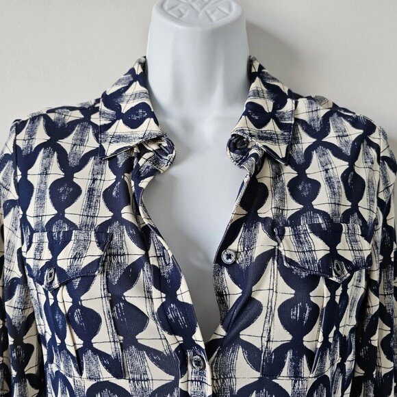 NWT TORY BURCH Navy Off White Print Kimber Blouse Top Shirt XS - Picture 6 of 10